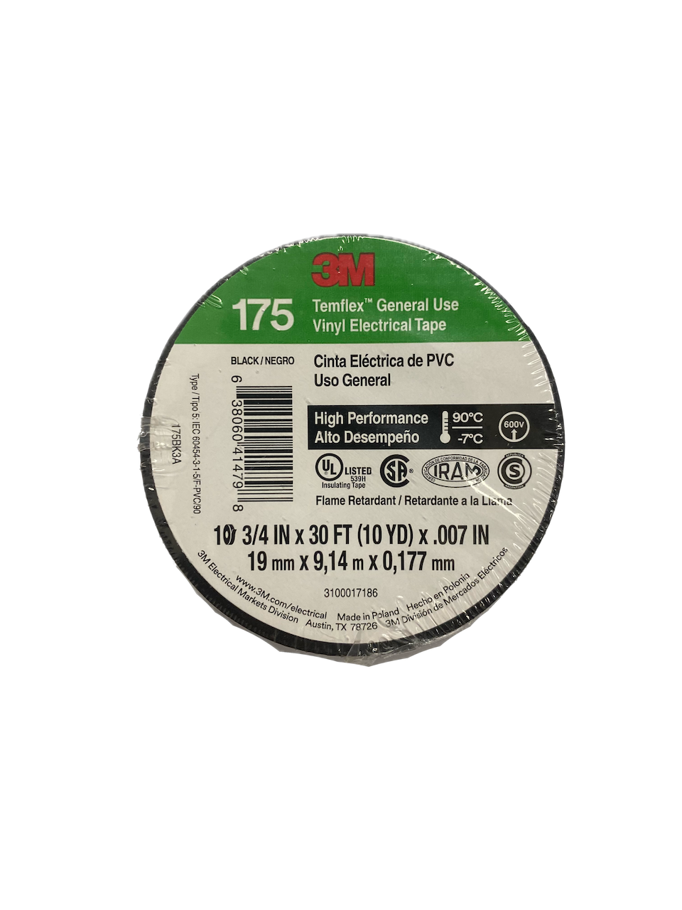 3M 9MT 175 NEGRA CINTA AISLADORA PVC 19MM 0,177MM 600V -7ºC A 90ºC