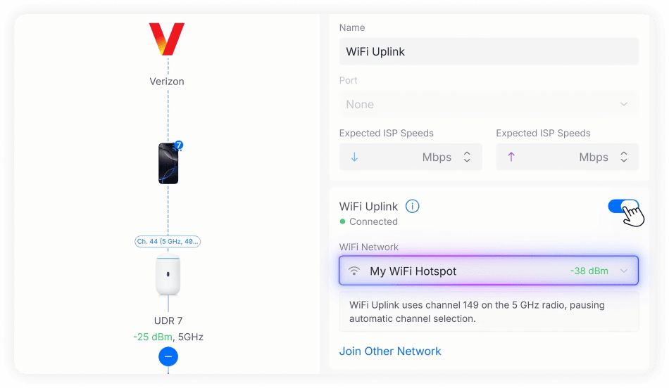 Configuración WiFi WAN y conexión a un hotspot de un teléfono en UniFi