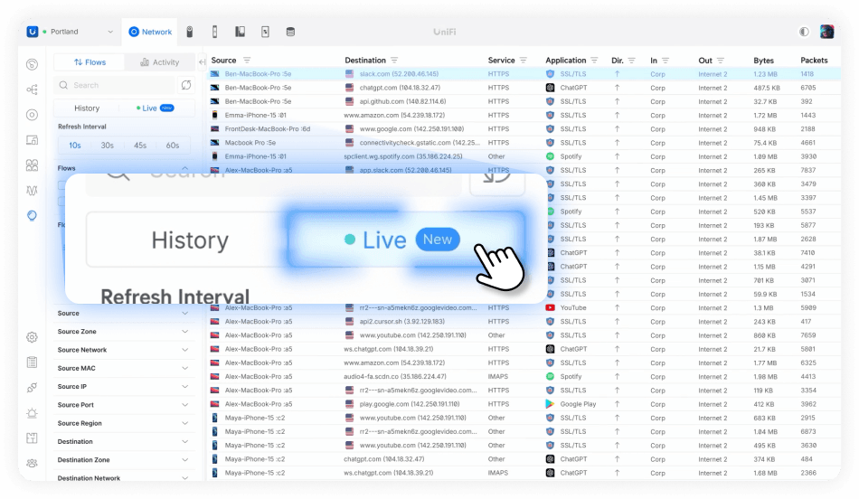 Interfaz de flujo de tráfico UniFi con listado de conexiones y modo Live